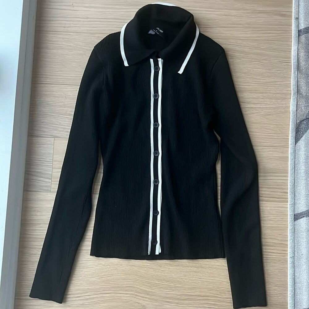 Workshop ribbed black white collared button cardi… - image 2